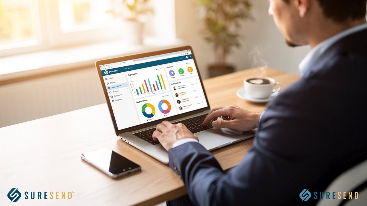 ALT tag: Business professional using SureSend CRM Resource Center on a laptop with analytics graphs in office, SureSend logo visible. Caption: Maximize productivity with the SureSend CRM Resource Center—analyzing data and reports on your office laptop. Description: An office scene featuring a professional in a suit working on the SureSend CRM Resource Center platform, reviewing colorful analytics graphs and charts on a laptop. A cup of coffee sits nearby, emphasizing work productivity, while the SureSend logo is prominently displayed in the image corners for brand recognition.