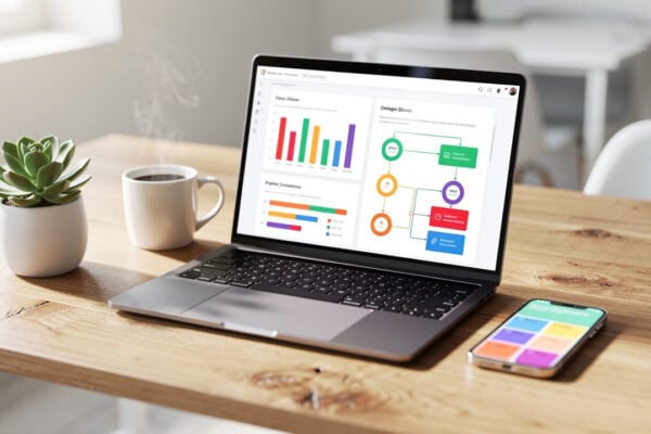 ALT tag: Sure Send CRM Resource Center dashboard on a laptop with colorful analytics graphs and charts, wooden desk setup with potted plant, coffee cup, and smartphone showing CRM app. Caption: Analyze marketing performance in the Sure Send CRM Resource Center—laptop with vibrant charts, surrounded by productivity tools including a smartphone with the Sure Send app. Description: The image showcases the Sure Send CRM Resource Center interface displayed on a laptop screen featuring colorful analytic graphs and charts. The workspace includes a wooden desk accented with a potted plant for freshness, a cup of coffee for energy, and a smartphone displaying the Sure Send CRM app—all highlighting essential tools for digital marketing analysis and campaign management.
