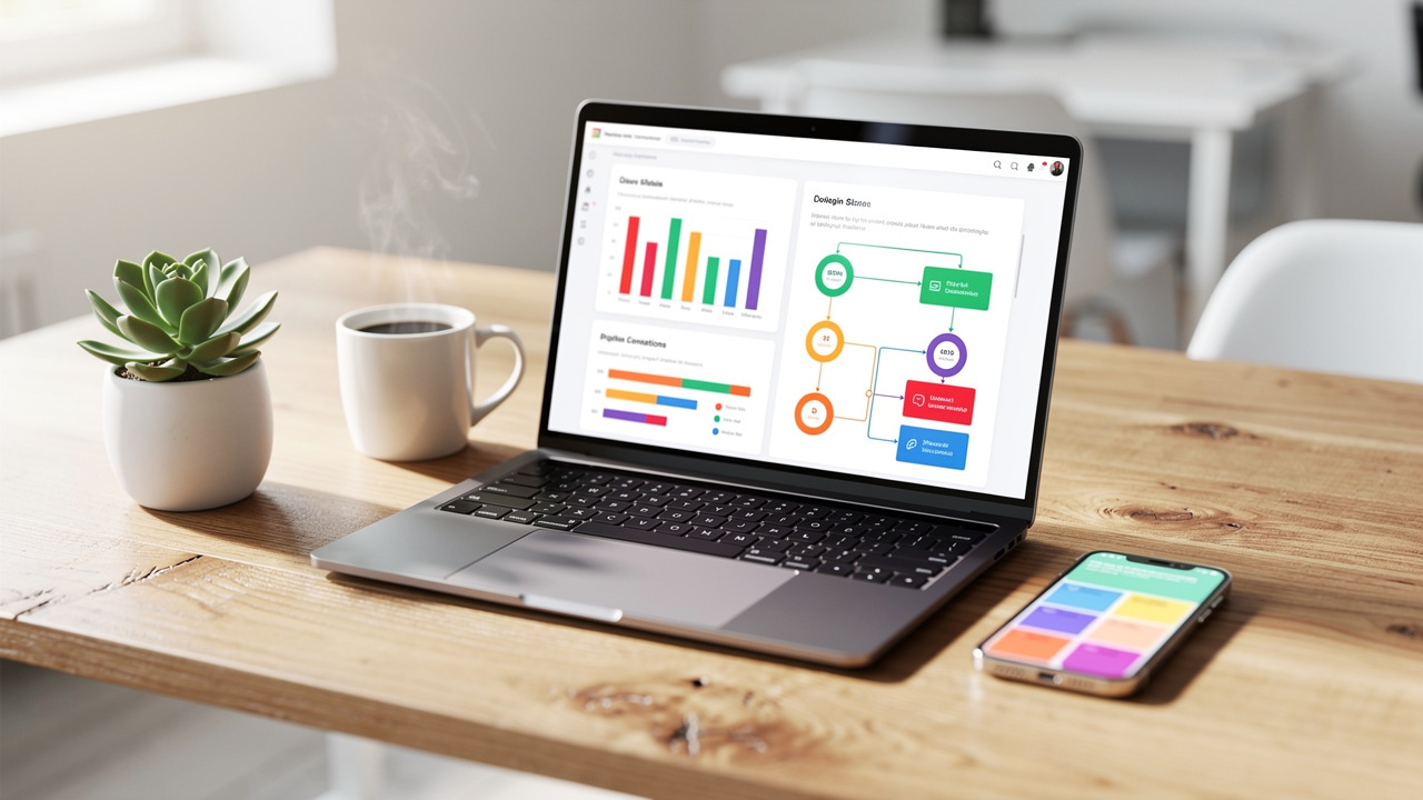 ALT tag: Sure Send CRM Resource Center dashboard on a laptop with colorful analytics graphs and charts, wooden desk setup with potted plant, coffee cup, and smartphone showing CRM app. Caption: Analyze marketing performance in the Sure Send CRM Resource Center—laptop with vibrant charts, surrounded by productivity tools including a smartphone with the Sure Send app. Description: The image showcases the Sure Send CRM Resource Center interface displayed on a laptop screen featuring colorful analytic graphs and charts. The workspace includes a wooden desk accented with a potted plant for freshness, a cup of coffee for energy, and a smartphone displaying the Sure Send CRM app—all highlighting essential tools for digital marketing analysis and campaign management.