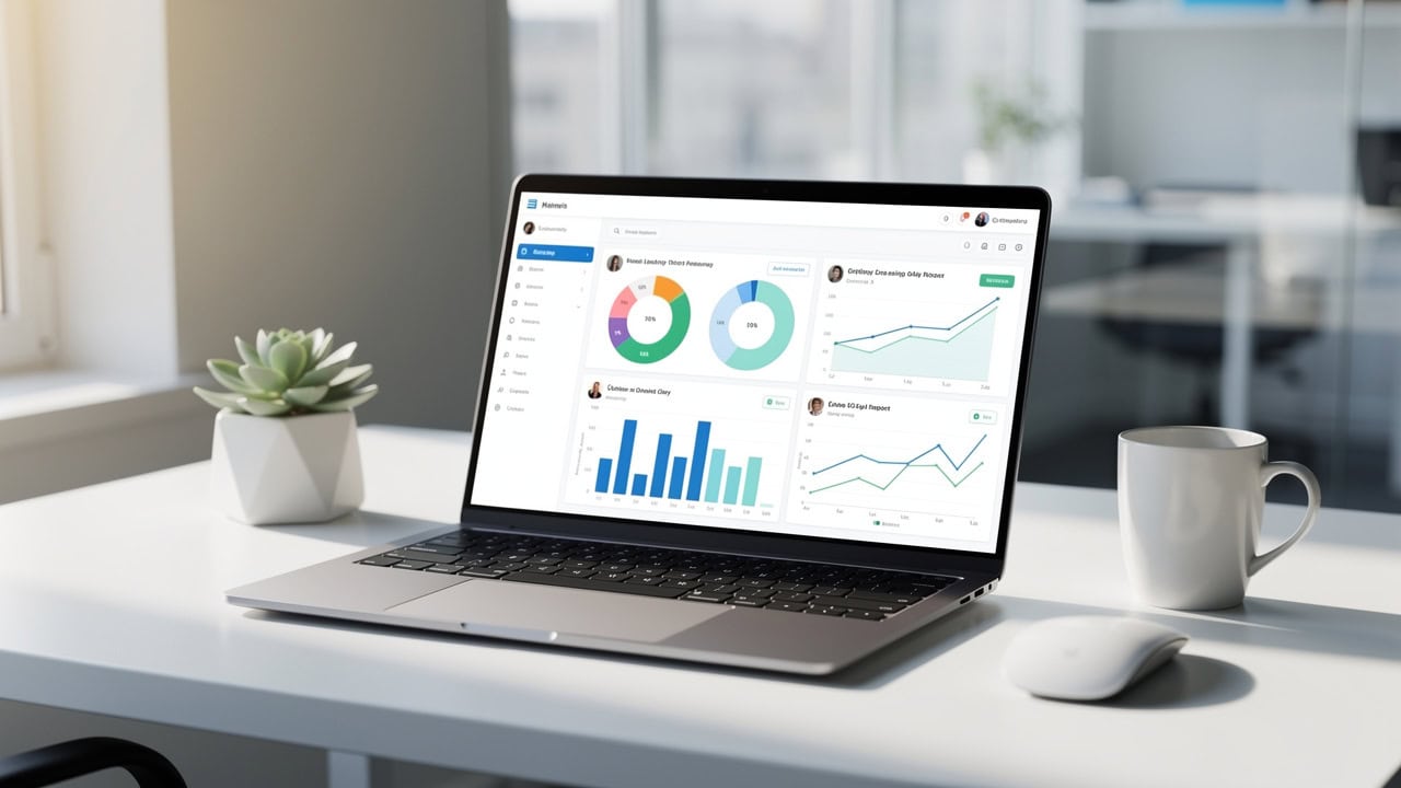 ALT tag: Sure Send CRM Resource Center interface displayed on a laptop screen with colorful analytics charts and graphs, accompanied by a coffee mug, wireless mouse, and potted plant on a white desk with natural sunlight from a nearby window. Caption: Analyze business performance in the Sure Send CRM Resource Center—view insightful charts and data visualizations right from your laptop. Description: The image shows the Sure Send CRM Resource Center open on a laptop atop a modern white desk. Onscreen, detailed analytic charts and graphs provide key insights for users managing customer relationships. Surrounding the workspace are essentials like a coffee mug, wireless mouse, and small green potted plant. Sunlight streams through an adjacent window, creating an inviting setting ideal for using AI-powered marketing tools offered by Sure Send CRM.