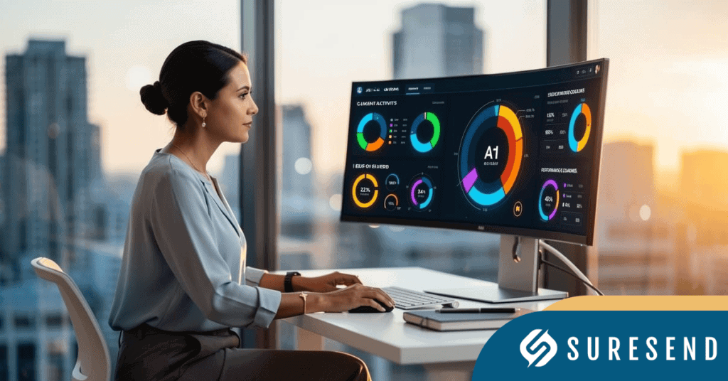 ALT: Woman reviews mortgage CRM dashboards on curved monitor in modern office, Suresend logo, Sure Send CRM Resource Center, city view. Caption: Mortgage CRM review in modern office—Sure Send CRM Resource Center with Suresend branding and city skyline. Description: Professional woman analyzes data visualizations for mortgage CRM software at desk. Suresend logo, Sure Send CRM Resource Center.