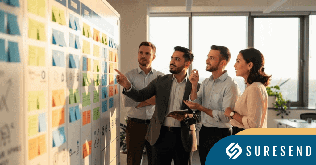 SEO Alt Tag: Team strategizing mortgage CRM programs at Sure Send Resource Center, colorful sticky notes, SURESEND logo displayed. Caption: Business professionals discuss mortgage CRM strategies at the Sure Send CRM Resource Center, highlighted by SURESEND branding. Description: Four professionals in business attire collaborate on mortgage CRM strategies at the Sure Send Resource Center, reviewing colorful sticky notes on a large board with the prominent SURESEND logo in the lower right corner for brand recognition and optimal workflow planning.