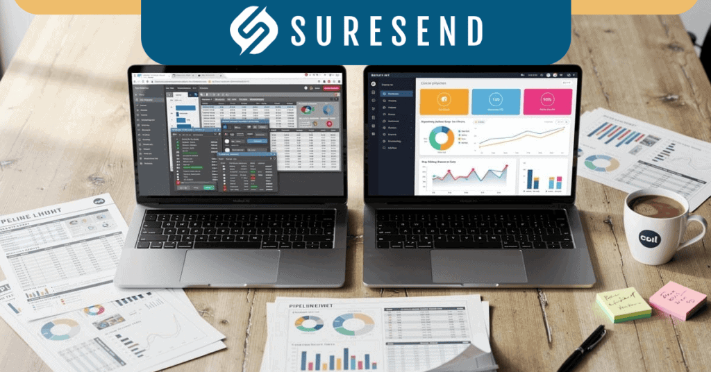 ALT tag: SureSend CRM Resource Center laptops with mortgage dashboards, charts, and analytics; Suresend logo featured. Caption: Review SureSend CRM’s powerful mortgage dashboards and analytics on dual laptops with data charts. Description: The SureSend CRM Resource Center image shows two laptops displaying mortgage dashboard analytics, surrounded by business charts and tools, emphasizing leading CRM platforms with the prominent Suresend logo.