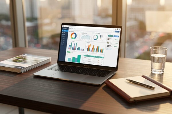 ALT tag: Sure Send CRM Resource Center workspace with a laptop showcasing colorful data charts, glass of water, closed notebook and pen, magazines on desk, and cityscape through large windows. Caption: Modern workspace at the Sure Send CRM Resource Center featuring a laptop displaying vibrant data charts and essential office supplies overlooking an urban cityscape. Description: This image from the Sure Send CRM Resource Center highlights a productive work environment with a laptop displaying colorful data analytics charts on a desk alongside a glass of water, closed notebook with pen, and stack of magazines. Large windows in the background provide clear views of the metropolitan cityscape outside, emphasizing the professional setting ideal for CRM resource management.