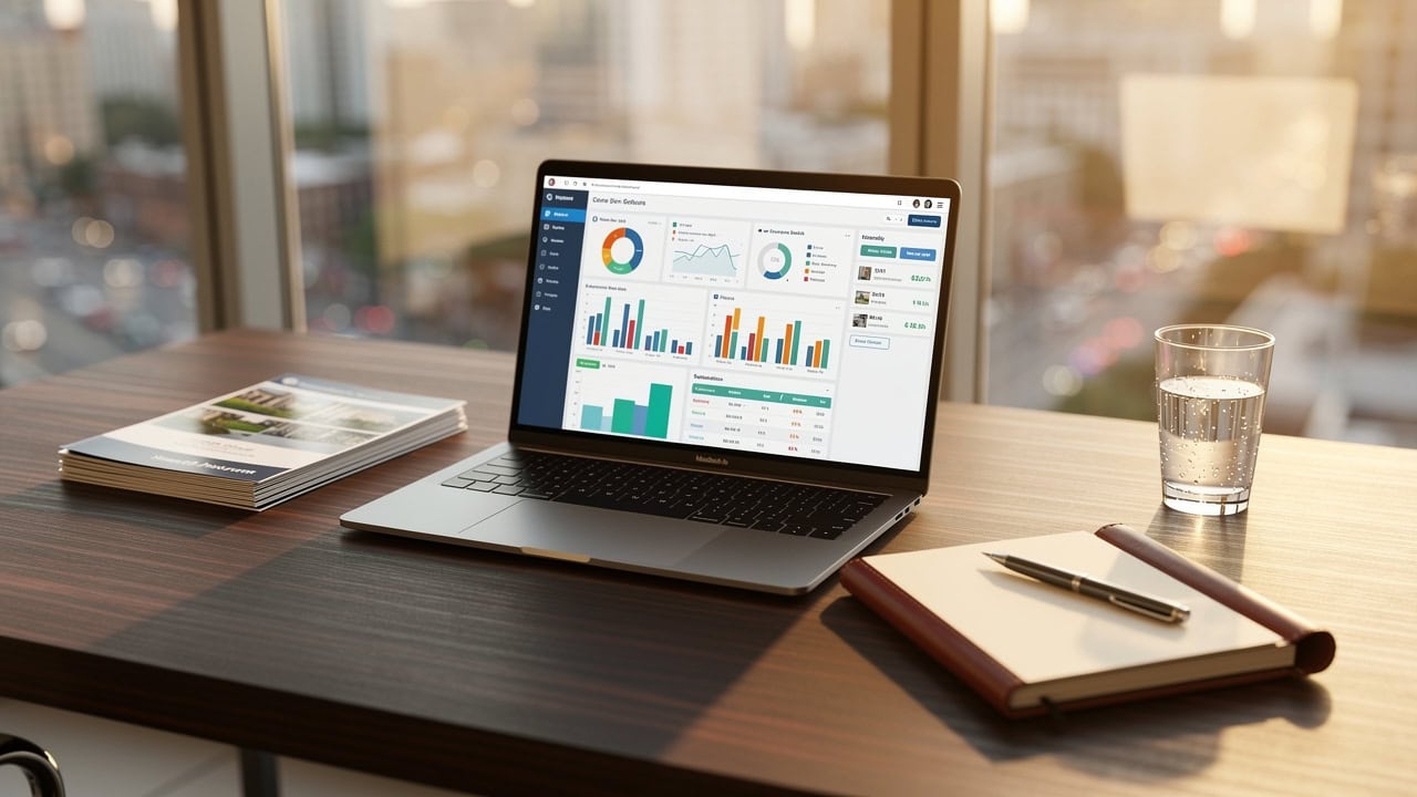 ALT tag: Sure Send CRM Resource Center workspace with a laptop showcasing colorful data charts, glass of water, closed notebook and pen, magazines on desk, and cityscape through large windows. Caption: Modern workspace at the Sure Send CRM Resource Center featuring a laptop displaying vibrant data charts and essential office supplies overlooking an urban cityscape. Description: This image from the Sure Send CRM Resource Center highlights a productive work environment with a laptop displaying colorful data analytics charts on a desk alongside a glass of water, closed notebook with pen, and stack of magazines. Large windows in the background provide clear views of the metropolitan cityscape outside, emphasizing the professional setting ideal for CRM resource management.