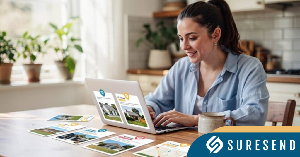 A woman sits at a kitchen table using a laptop, viewing real estate listings with seamless Real Estate CRM IDX Integration. Several property flyers are spread out on the table. The Suresend logo is in the lower right corner.