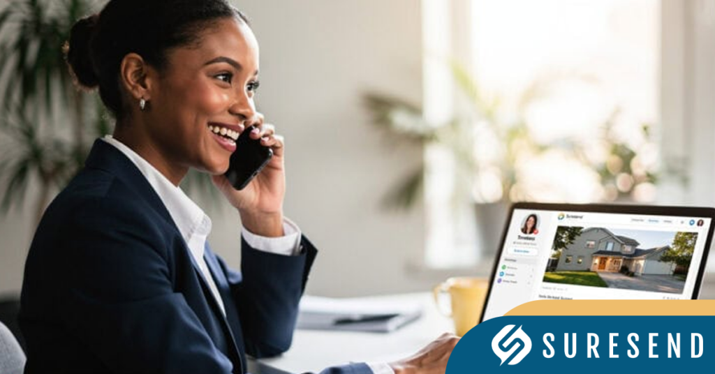 A woman in a suit smiles while talking on the phone, seated at a desk with a laptop showing a house listing enhanced by Real Estate CRM IDX Integration. The Suresend logo is visible in the bottom right corner.