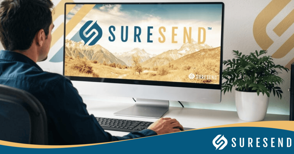 ALT tag: Person working at desk using Sure Send CRM Resource Center software, SURESEND logo on computer screen with scenic mountain background, highlighting powerful email deliverability tools and branding. Caption: Discover the Sure Send CRM Resource Center—enhancing email deliverability with robust tools. SURESEND logo displayed on user’s computer screen against a scenic mountain view. Description: The image shows a person seated at a desk engaging with the Sure Send CRM Resource Center platform. SURESEND’s prominent logo appears on the computer display, visually paired with a striking mountain landscape in the background. The branding emphasizes industry-leading email deliverability solutions and user-friendly CRM features, reinforcing Sure Send’s expertise in digital communication tools and resource management.