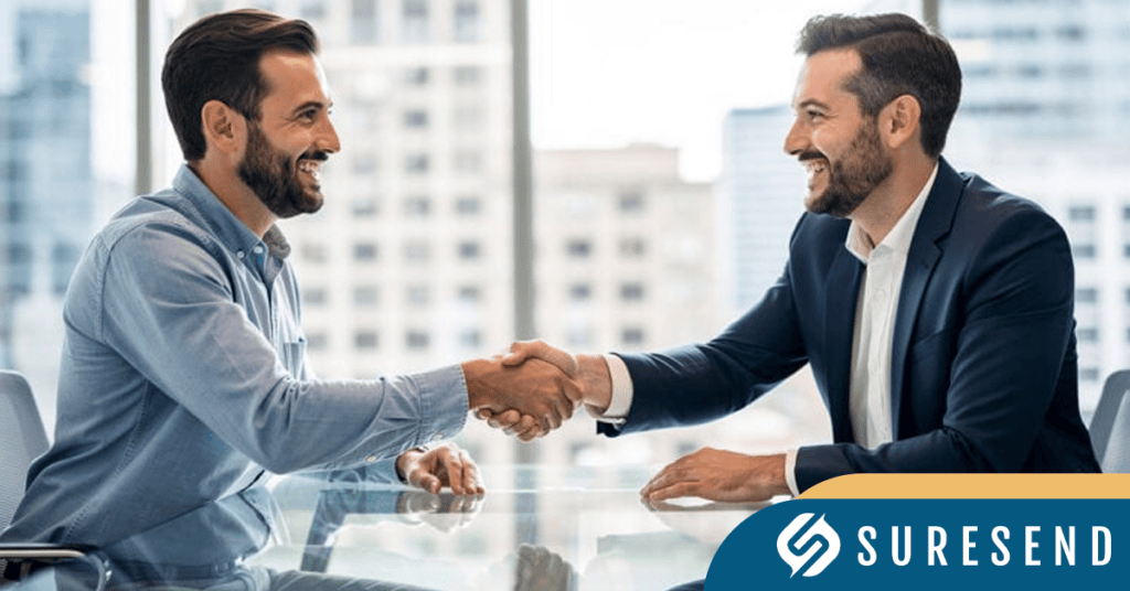 Two men in business attire smile and shake hands across a glass table in an office, with city buildings visible through large windows—a fitting backdrop for a conversation about Real Estate CRM vs Sales CRM. The Suresend logo is at the bottom right.
