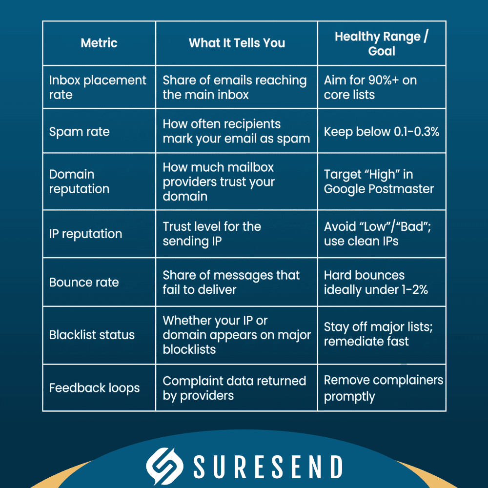 ALT tag: Email metrics table showing key performance indicators like inbox placement, spam rate, domain reputation, IP reputation, bounce rate, blacklist status, and feedback loops with Suresend logo—Sure Send CRM Resource Center. Caption: Comprehensive email deliverability metrics table with target ranges and clear metric explanations at the Sure Send CRM Resource Center. Description: Visual summary of essential email marketing KPIs in a detailed metrics table at the Sure Send CRM Resource Center. Displays inbox placement rates, spam percentages, domain and IP reputations, bounce rates, blacklist statuses, and feedback loop information—all supported by leading email deliverability tools. Includes explanations for each metric and best practice targets. Suresend branding appears at the bottom. Optimized for users seeking insights into improving email deliverability through actionable analytics.