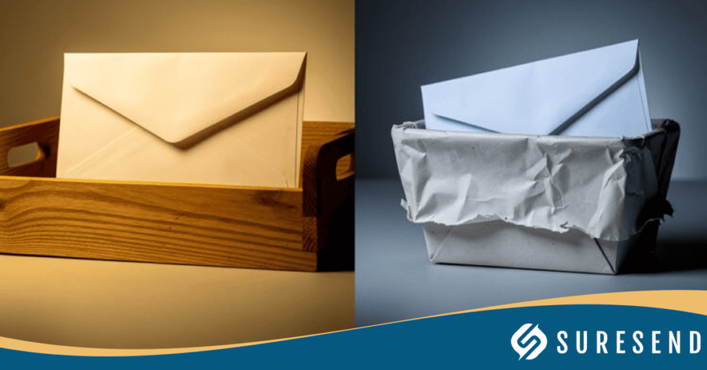ALT tag: Two envelopes representing email deliverability: one placed neatly in a wooden tray, symbolizing effective email delivery with SureSend CRM tools, and another crumpled in a basket to illustrate failed messages; SureSend logo displayed at the bottom right. Caption: Email deliverability visualized—one envelope organized and delivered using SureSend CRM Resource Center tools, another undelivered for contrast; features the SureSend logo. Description: The image shows two envelopes to highlight email deliverability concepts with SureSend CRM. One envelope sits perfectly in a wooden tray, representing successful inbox placement through reliable sender practices provided by SureSend’s tools. The second envelope is crumpled in a wastebasket, illustrating delivery failure or undelivered emails. The branding is reinforced by the visible Suresend logo at the bottom right, capturing their expertise in optimizing email reliability for businesses.