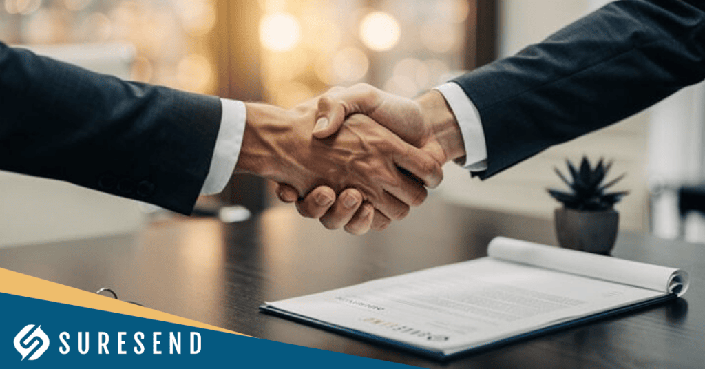 ALT tag: Two real estate professionals in business suits shake hands over a desk with a contract, pen, and small plant, representing a successful property deal using the Sure Send CRM. Suresend logo displayed in the bottom left corner. Caption: Successful real estate deal made easy with Sure Send CRM—trusted software for property professionals. Description: Image from the Sure Send CRM Resource Center showing two businesspeople finalizing a contract with a handshake across a desk featuring essential documents and the Suresend logo. Optimized for real estate agents seeking efficient CRM solutions to close more deals and streamline client management.