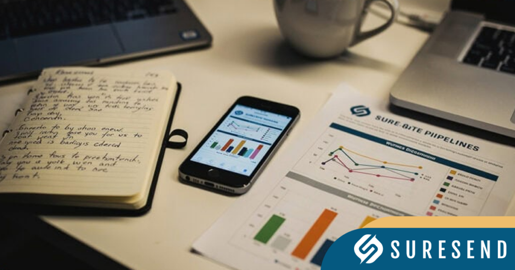 A desk with a notebook, smartphone displaying graphs, a printed business chart labeled “Sure Gate Pipelines,” and a laptop. The Suresend logo is visible at the bottom right corner, highlighting features such as Real Estate CRM IDX Integration for seamless workflow management.