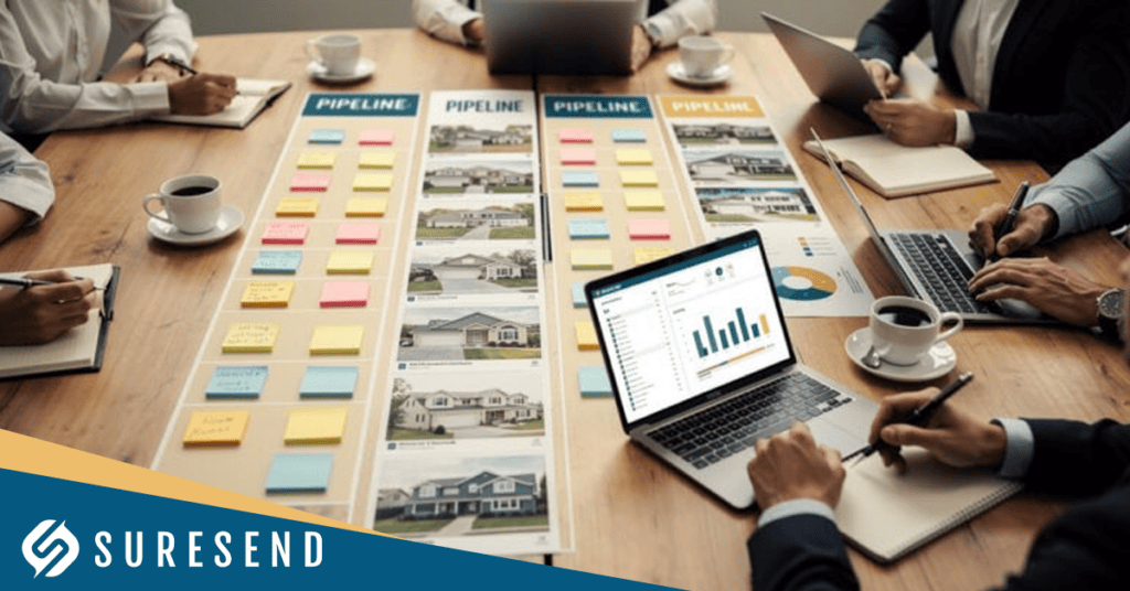 Six people sit around a table covered with charts, photos of houses, and color-coded sticky notes. Laptops display graphs, showcasing data from the Best Real Estate CRM with Pipeline Management. The scene suggests a real estate or business planning meeting. “Suresend” logo appears in the corner.