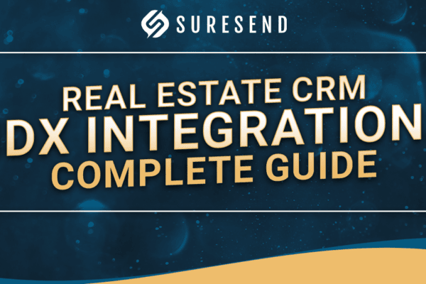 A graphic with the Suresend logo and the text: “Real Estate CRM IDX Integration: Complete Guide” on a blue background with a yellow curved shape at the bottom, highlighting the essential steps for seamless Real Estate CRM IDX Integration.