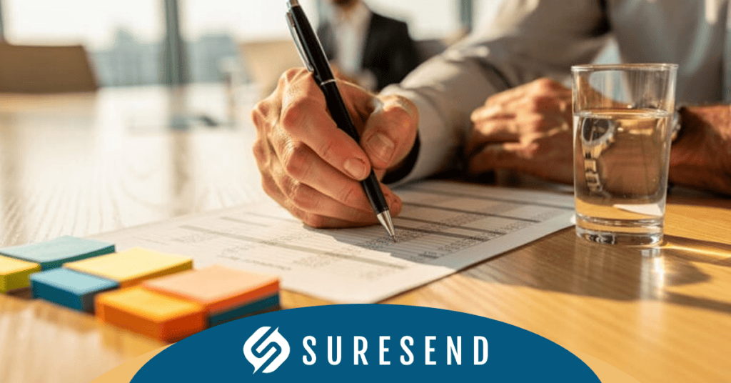 Alt: Person signing document on wooden desk with sticky notes, glass of water, and Suresend logo—finalizing CRM pricing comparison at Sure Send CRM Resource Center. Caption: Finalizing agreements after a detailed CRM pricing comparison at Sure Send CRM Resource Center, with Suresend branding visible. Description: At the Sure Send CRM Resource Center, a person is shown signing an important document on a wooden desk scattered with colorful sticky notes and a glass of water. The Suresend logo appears prominently at the bottom, signifying trust and authority in CRM solutions. This image visually represents the conclusion of a comprehensive CRM pricing comparison process—a crucial step for businesses seeking optimal customer relationship management tools from Suresend.