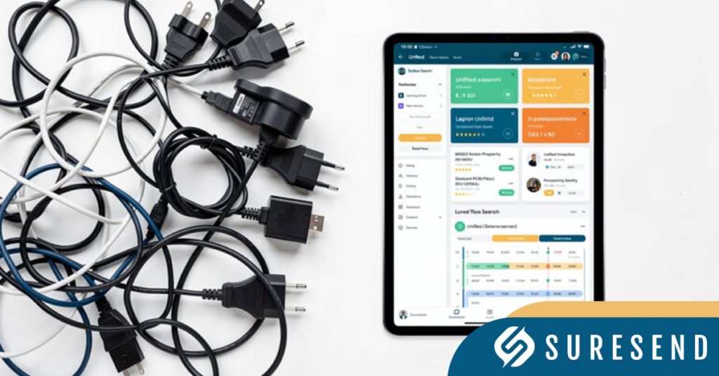 A tablet displaying a dashboard sits on a white surface next to a pile of tangled chargers and cables. Featuring Real Estate CRM IDX Integration, the Suresend logo is shown in the bottom right corner.