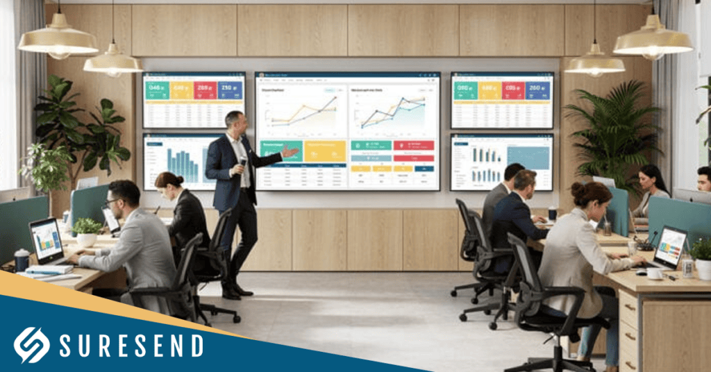 An office with people working at desks while a man presents charts on large screens at the front. The space is modern, with plants and natural light. A Suresend logo is visible in the bottom left corner, reflecting a workplace efficiently utilizing the Best Real Estate CRM with Pipeline Management for streamlined operations.