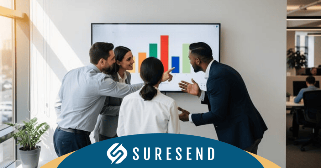 ALT tag: Professionals comparing CRM pricing options in modern office, SureSend logo visible—Sure Send CRM Resource Center Caption: Business professionals analyzing CRM pricing comparison data with the SureSend logo at the Sure Send CRM Resource Center. Description: Four business professionals collaborate in a modern office space, reviewing a bar graph on screen to compare CRM pricing options for optimal business solutions. The prominently displayed SureSend logo highlights brand presence and trust at the Sure Send CRM Resource Center, supporting informed decision-making for customer relationship management software.