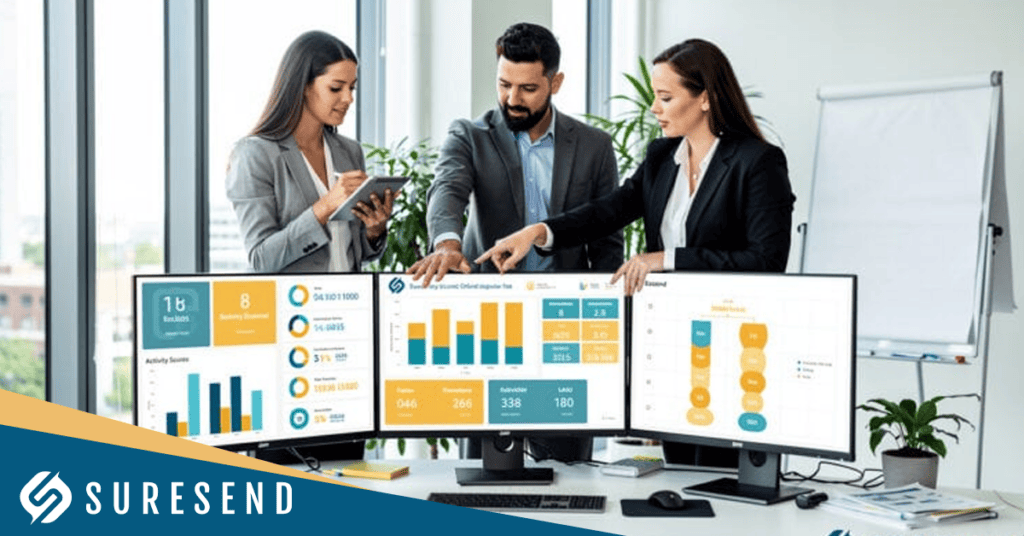 ALT: Real estate professionals collaborating at a desk using Sure Send CRM, with large monitors displaying data analytics and charts to improve team productivity. One team member points to the screen while another uses a tablet, highlighting advanced CRM software features. The Suresend logo is visible. Caption: Real estate experts utilize Sure Send CRM’s collaborative features for effective team management and data-driven decision-making. Description: At the Sure Send CRM Resource Center, three real estate professionals engage in a productive discussion around data displayed on multiple monitors featuring detailed graphs and analytics. With one expert pointing at the screen and another working on a tablet, this image demonstrates how Suresend’s leading real estate CRM streamlines team collaboration, enhances workflow efficiency, and supports strategic planning. The prominent Suresend logo affirms brand reliability for top-tier real estate technology solutions.