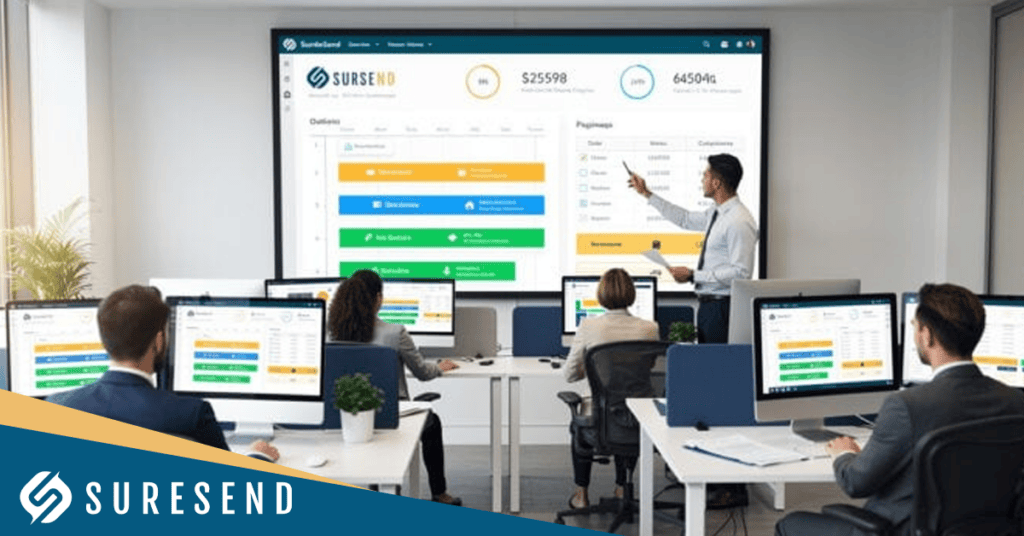 ALT tag: Business professional presenting client management data on a large screen to colleagues in a modern office, featuring the Suresend logo and CRM solutions discussion. Caption: Team collaboration at the Sure Send CRM Resource Center as a business expert shares real estate CRM best practices, with Suresend branding visible during client management strategy session. Description: A business professional in formal attire leads a presentation on optimizing client management with advanced real estate CRM solutions at the Sure Send CRM Resource Center. The scene shows engaged colleagues using desktop computers in a modern office setting, while the Suresend logo is prominently displayed, emphasizing expertise in real estate customer relationship management.