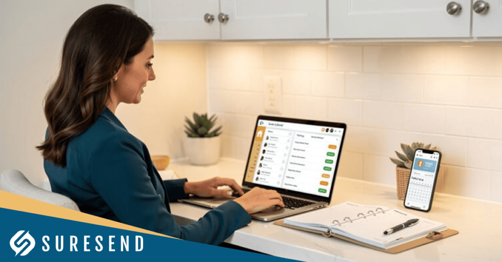 ALT tag: Real estate agent using Suresend CRM on laptop and phone at kitchen counter with messaging and calendar apps, optimizing workflow and organization. Caption: Stay organized as a real estate professional with Suresend CRM—streamline your tasks, appointments, and communications on any device. Description: A real estate agent sits at a kitchen counter working on a laptop with the Suresend CRM open, while her phone displays messaging and calendar apps—showcasing essential CRM features for staying connected and efficient. The best real estate CRM tools help manage leads, schedules, and client communications easily from anywhere. The Suresend logo is visible in the bottom left corner, highlighting trusted resources from the Sure Send CRM Resource Center.