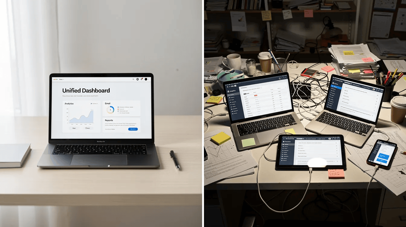 The image depicts a clean, organized desk featuring a single laptop displaying a unified dashboard for tracking project progress, contrasting with a cluttered desk filled with multiple devices. This visual highlights the benefits of using a dedicated project management tool for better team collaboration and streamlined project workflows.