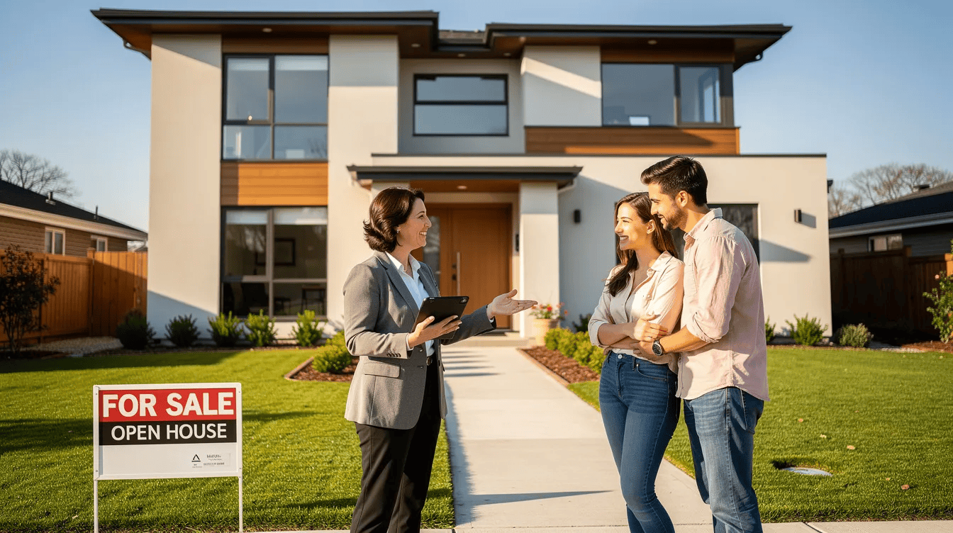 A real estate agent is showing a modern home to a young couple on a sunny day, with a well-kept front yard and a for-sale sign prominently displayed. This scene captures the essence of home buying, highlighting the engagement between the agent and the couple as they explore their potential new home.