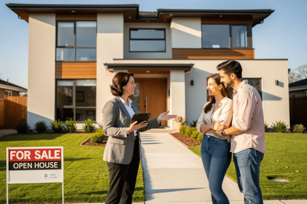 A real estate agent talks to a smiling couple outside a modern house with a “For Sale Open House” sign on the lawn. The sun is shining and the home has large windows and a neat yard.