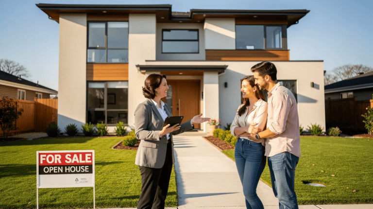 A real estate agent talks to a smiling couple outside a modern house with a “For Sale Open House” sign on the lawn. The sun is shining and the home has large windows and a neat yard.