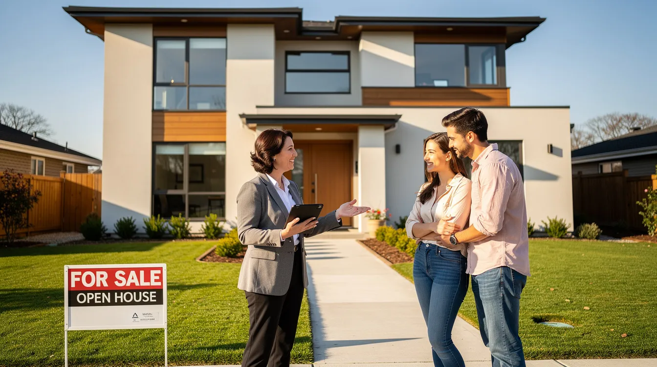 A real estate agent talks to a smiling couple outside a modern house with a “For Sale Open House” sign on the lawn. The sun is shining and the home has large windows and a neat yard.