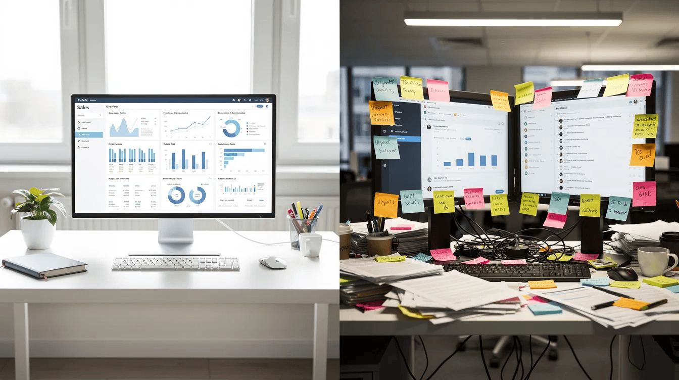 The image depicts a clean, modern office workspace featuring a single monitor displaying organized data, symbolizing effective marketing strategies, while contrasting with a cluttered desk filled with sticky notes and multiple screens, representing the chaos that can arise without a robust CRM solution for managing customer relationships and marketing efforts.