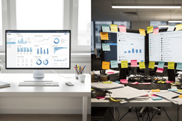 A tidy desk with a neat monitor and supplies is contrasted with a cluttered desk, covered in papers and sticky notes, featuring messy dual monitors displaying graphs.