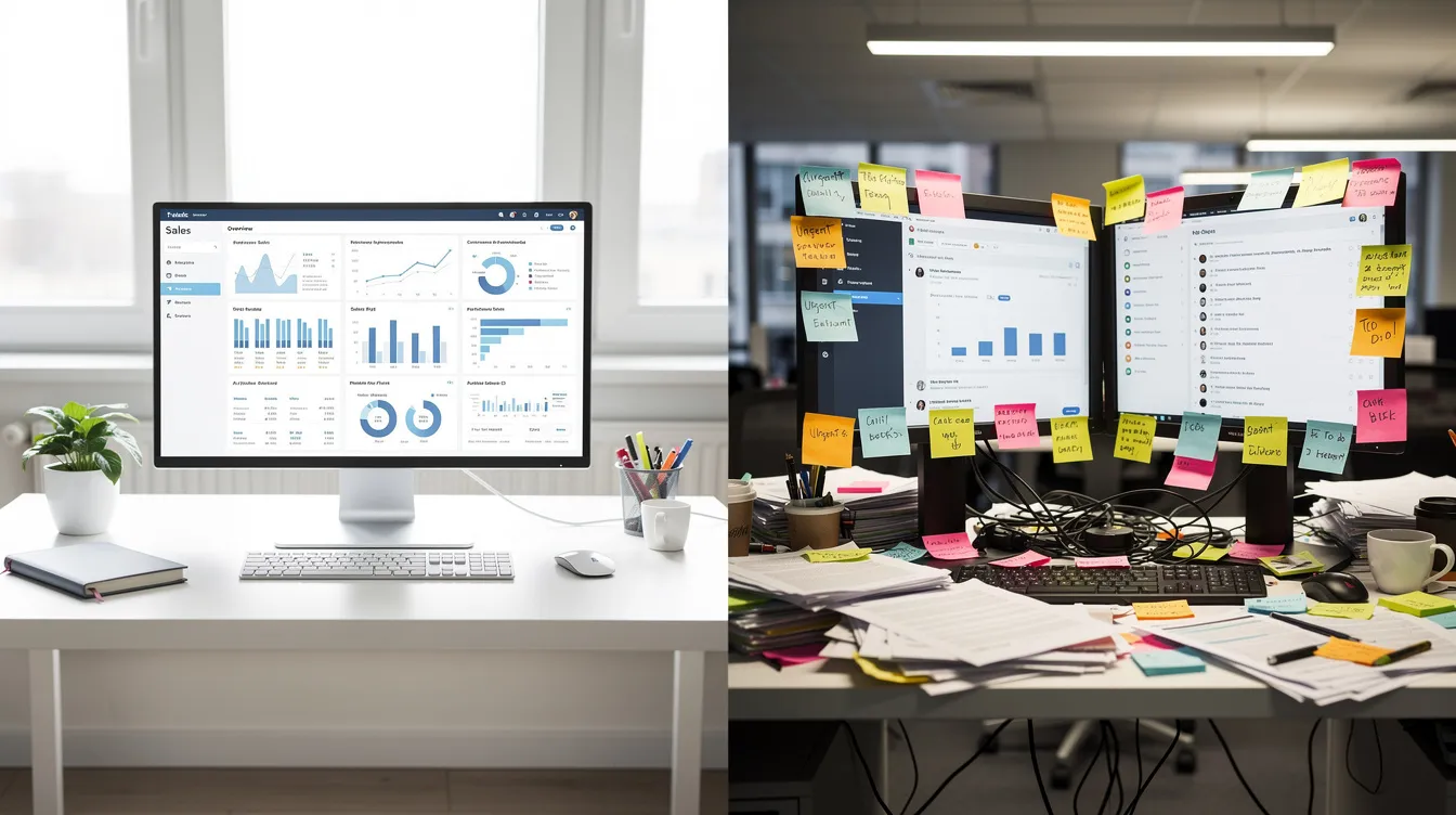 A tidy desk with a neat monitor and supplies is contrasted with a cluttered desk, covered in papers and sticky notes, featuring messy dual monitors displaying graphs.