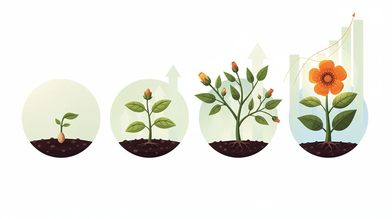 The image depicts a growing plant transitioning through stages from a seedling to full bloom, symbolizing scalable business growth. This visual metaphor illustrates the importance of effective project management tools and customer relationship management software in nurturing complex projects and enhancing customer satisfaction.