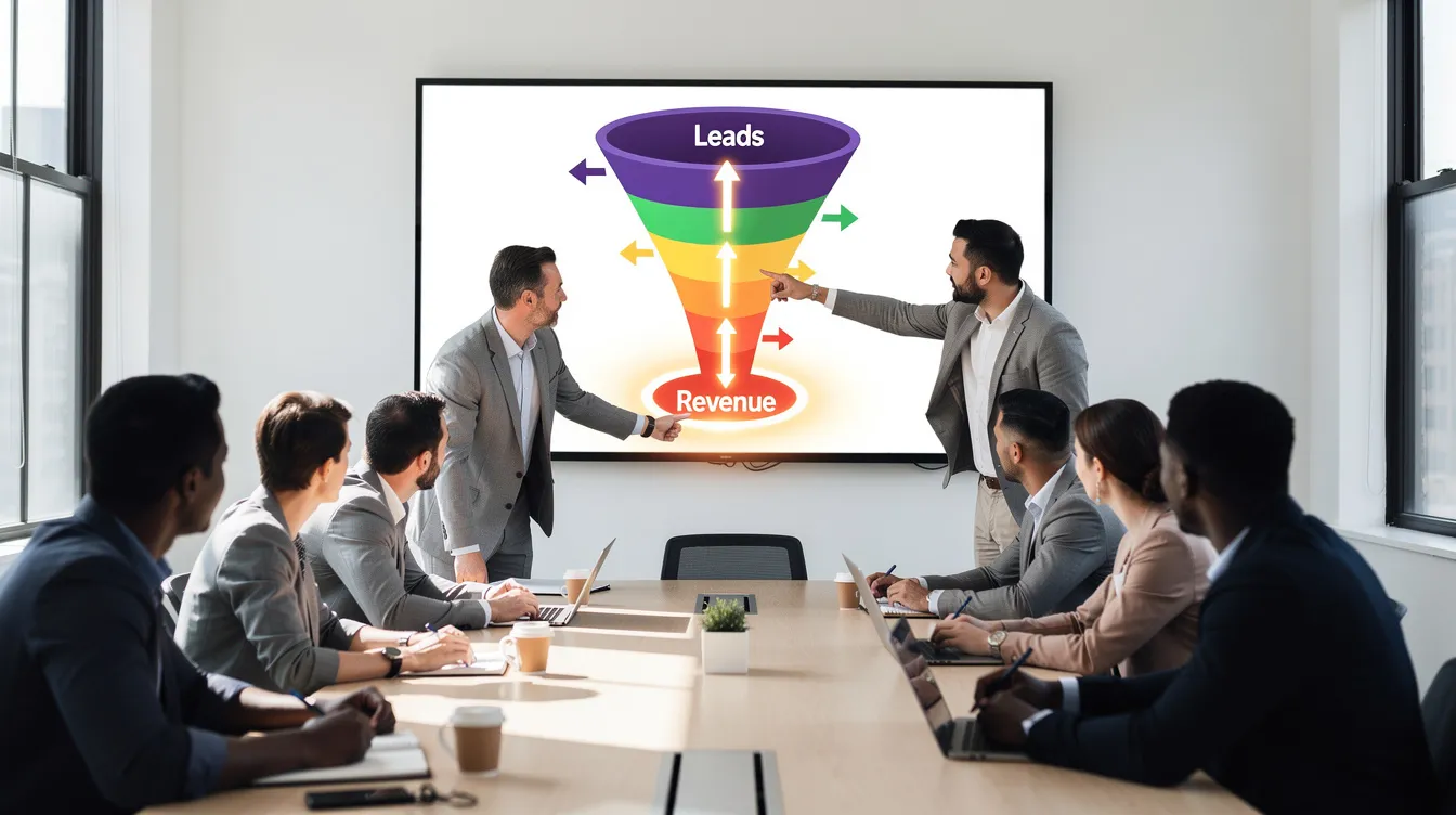 A marketing team is gathered in a bright conference room, attentively observing a large screen that displays a colorful funnel visualization, illustrating the flow of leads to revenue. This scene highlights the importance of data-driven decisions and predictive insights in enhancing customer engagement and optimizing marketing efforts.