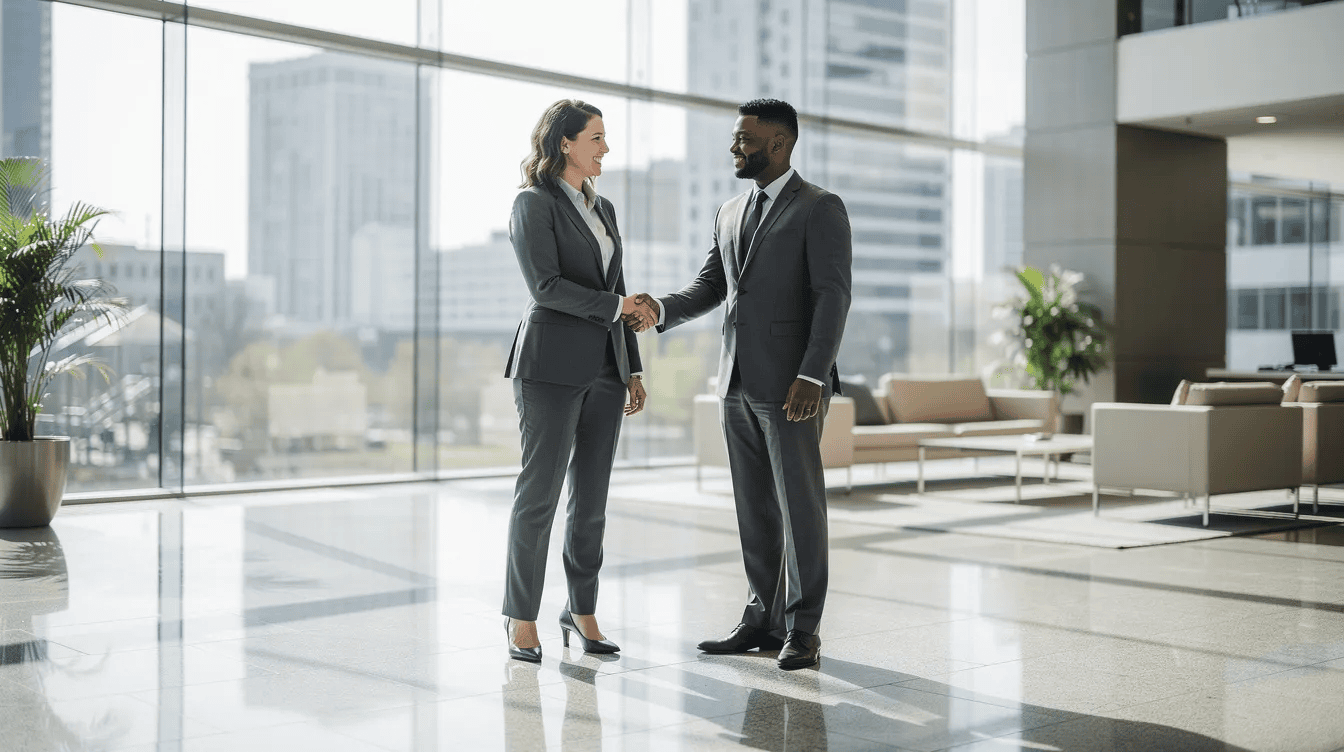 The image depicts two professionals shaking hands in a modern office lobby characterized by glass walls and abundant natural light, symbolizing the initiation of a positive business relationship. This moment highlights the importance of building strong relationships and effective communication in customer relationship management.