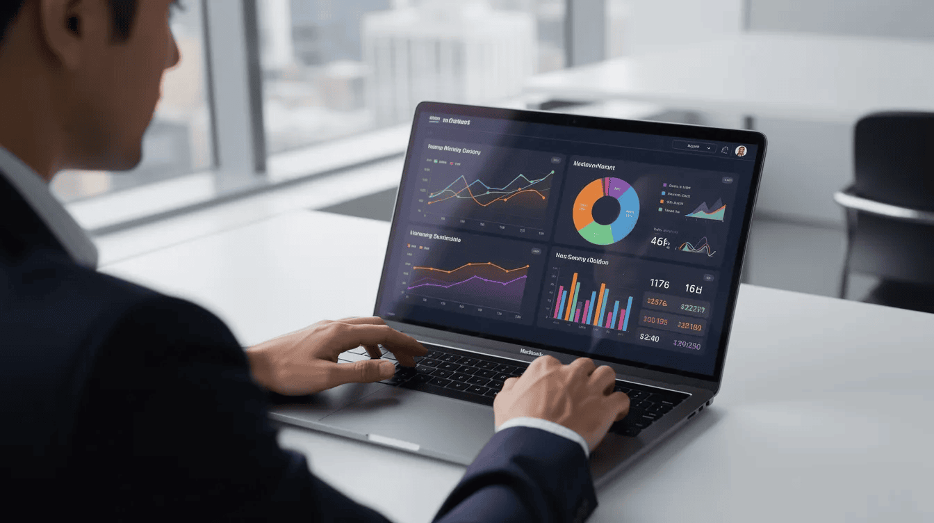 The image depicts a person focused on a laptop, with various data points and charts displayed on the screen, illustrating a comprehensive view of customer data. This setup enables marketing teams to analyze customer behavior and optimize targeted campaigns for improved customer engagement and retention.