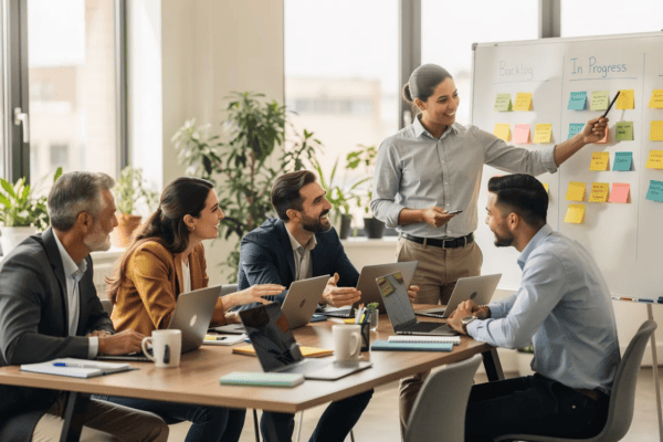 Five professionals sit around a table with laptops, as one person stands and presents at a whiteboard covered in colorful sticky notes, showing project stages: Backlog, In Progress, and Launch. The bright office—accented with plants—reflects their focus on CRM Analytics to drive project insights and optimize team performance throughout development.