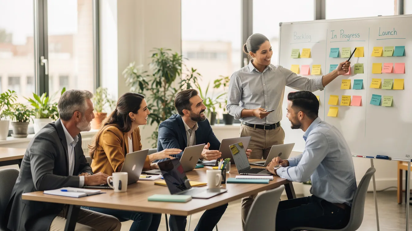 Five professionals sit around a table with laptops, as one person stands and presents at a whiteboard covered in colorful sticky notes, showing project stages: Backlog, In Progress, and Launch. The bright office—accented with plants—reflects their focus on CRM Analytics to drive project insights and optimize team performance throughout development.