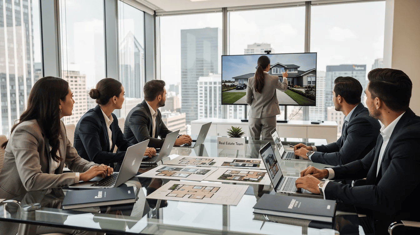 A diverse team of real estate professionals collaborates around a sleek, modern conference table, each using laptops equipped with advanced real estate CRM software. They engage in discussions about lead generation and property management, leveraging real-time data to enhance their marketing strategies and streamline their real estate business operations.