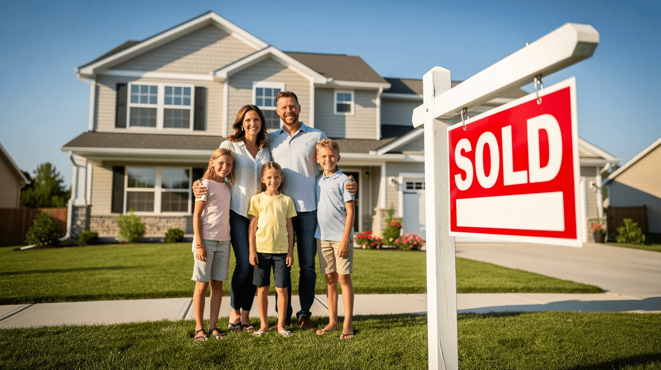 A joyful family stands proudly in front of their new home, with a