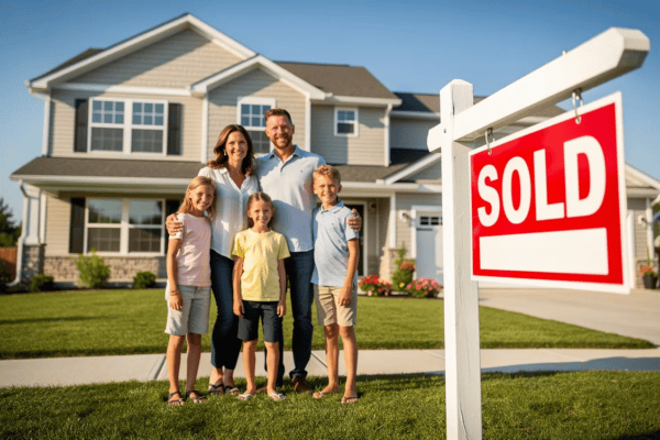 A smiling family of five stands in front of a two-story house with a “SOLD” sign in the yard, celebrating their new home on a sunny day.