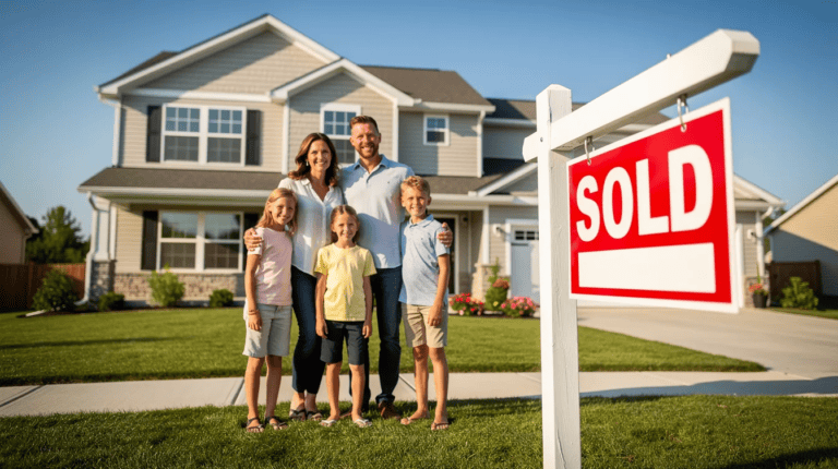 A smiling family of five stands in front of a two-story house with a “SOLD” sign in the yard, celebrating their new home on a sunny day.