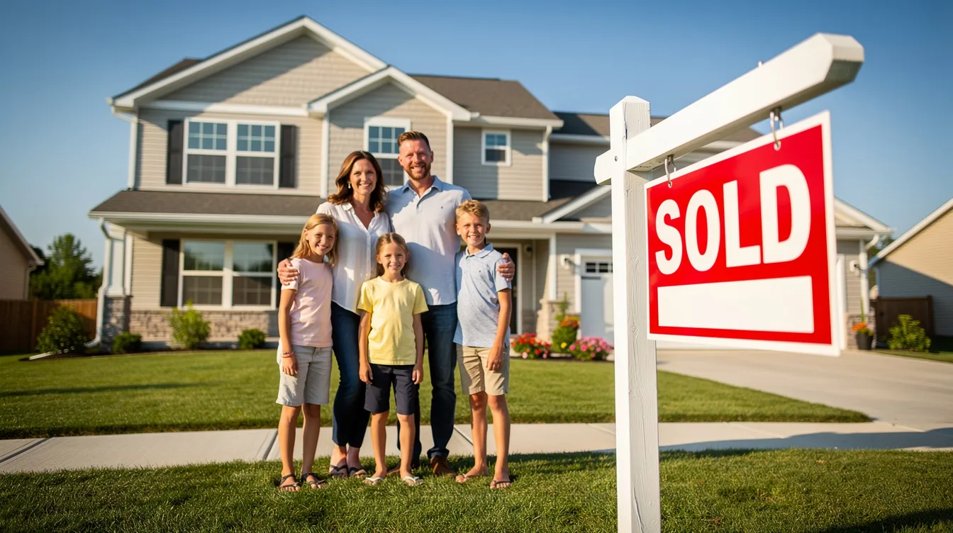 A smiling family of five stands in front of a two-story house with a “SOLD” sign in the yard, celebrating their new home on a sunny day.