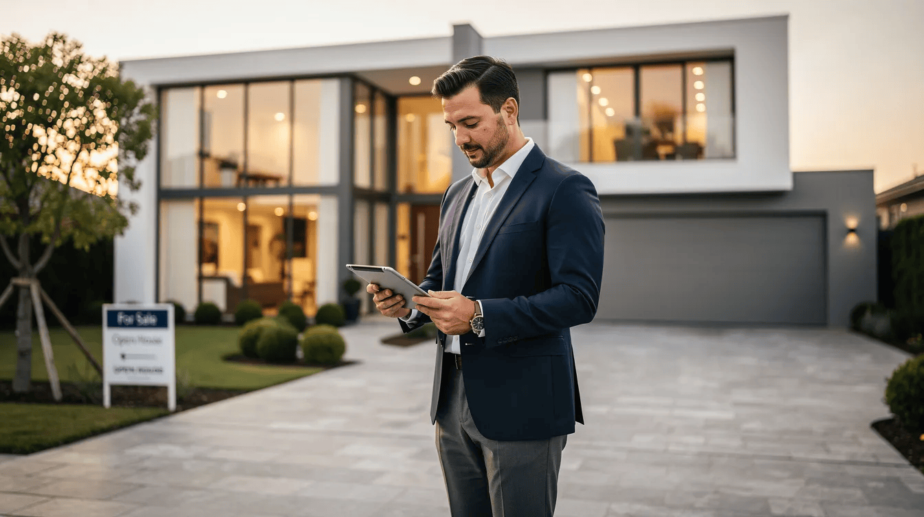 A real estate agent stands outside a sleek, modern home, intently reviewing property listings on a tablet. This scene highlights the use of advanced real estate tools and software that empower agents to manage their listings and enhance client relationships effectively.