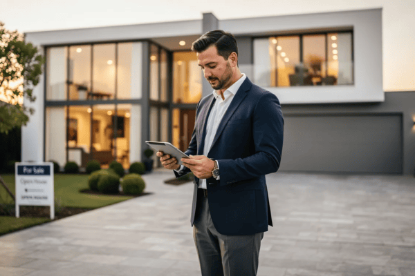 A man in a suit stands on a modern home’s driveway, looking at a tablet. Behind him is a two-story glass house with a “For Sale” sign and landscaped yard, captured at sunset.