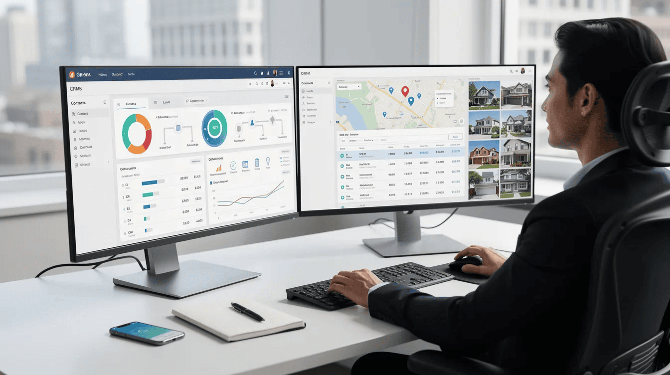 A professional sits at a desk equipped with dual monitors, showcasing real estate CRM dashboards and property data, essential tools for managing leads and transactions in the real estate industry. This setup highlights the importance of advanced reporting and contact management for real estate agents and brokers to make informed decisions and enhance their business operations.