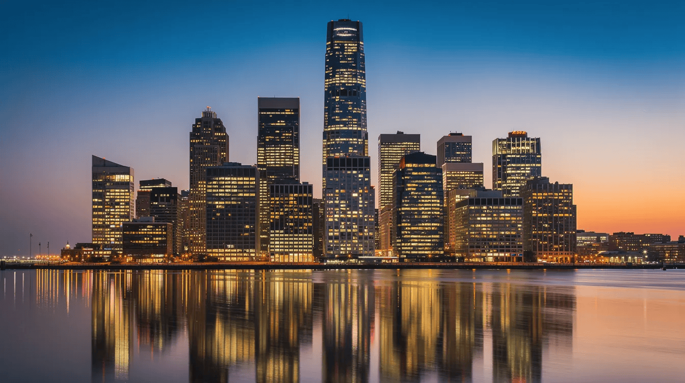 The image depicts a modern city skyline at dusk, featuring illuminated office buildings that reflect beautifully on the water below. This vibrant scene symbolizes the importance of maintaining positive relationships in business, as companies analyze customer data and implement effective relationship management strategies to enhance client satisfaction and loyalty.