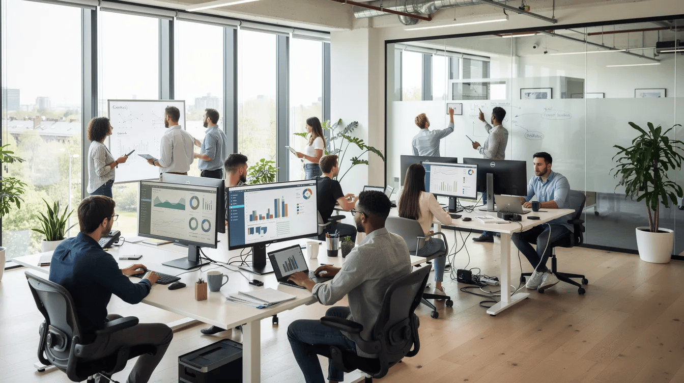The image depicts a vibrant modern open-plan office where a growing team collaborates at standing desks, equipped with monitors. The atmosphere is dynamic, highlighting effective team collaboration and engagement as members discuss and share ideas, reflecting the powerful features of a productive daily workflow.